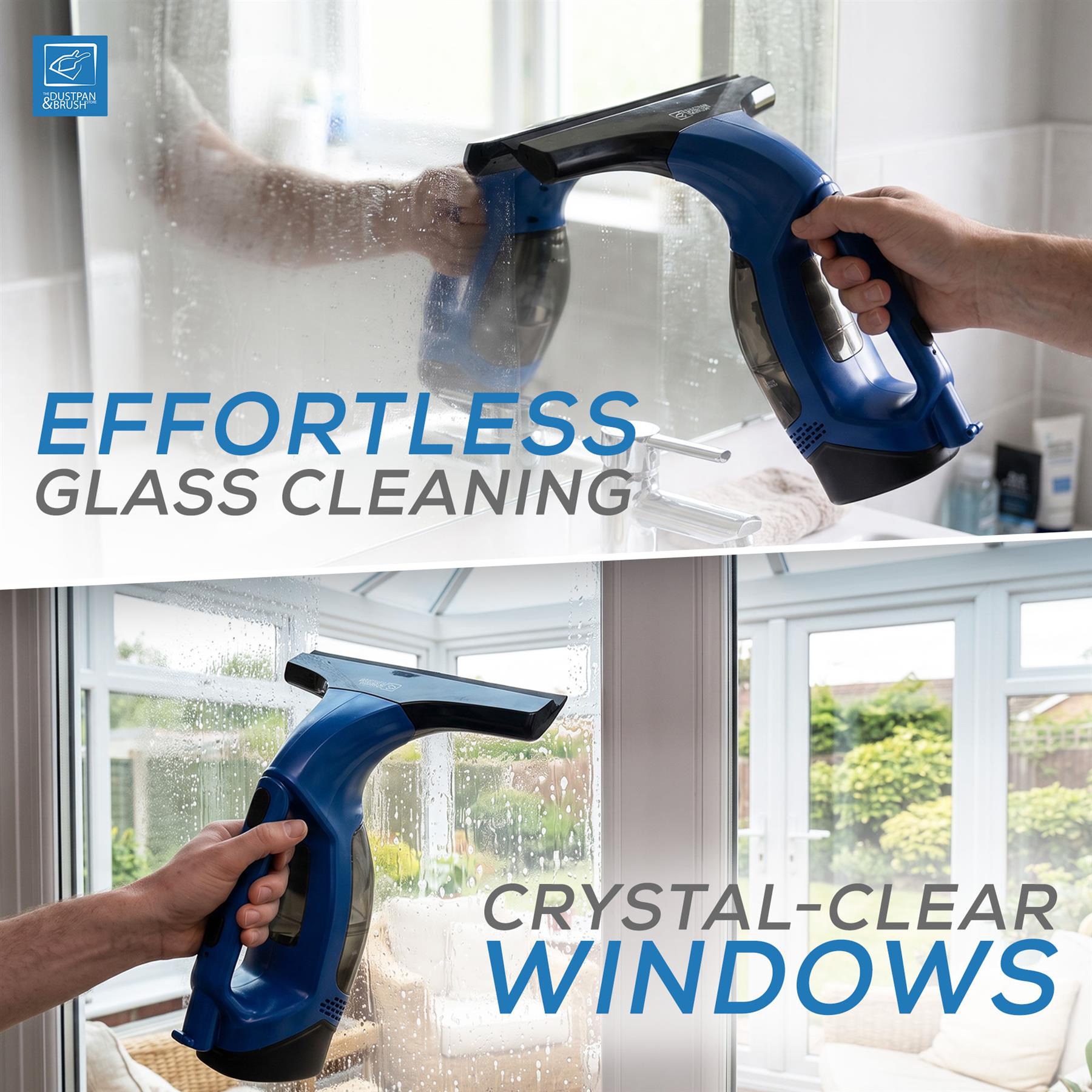A blue and black handheld glass cleaner shown being used on a window in a real indoor setting, with overlaid text reading 'EFFORTLESS GLASS CLEANING' and 'CRYSTAL-CLEAR WINDOWS.' A small logo appears in the top-left corner.