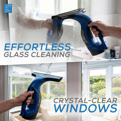 A blue and black handheld glass cleaner shown being used on a window in a real indoor setting, with overlaid text reading 'EFFORTLESS GLASS CLEANING' and 'CRYSTAL-CLEAR WINDOWS.' A small logo appears in the top-left corner.