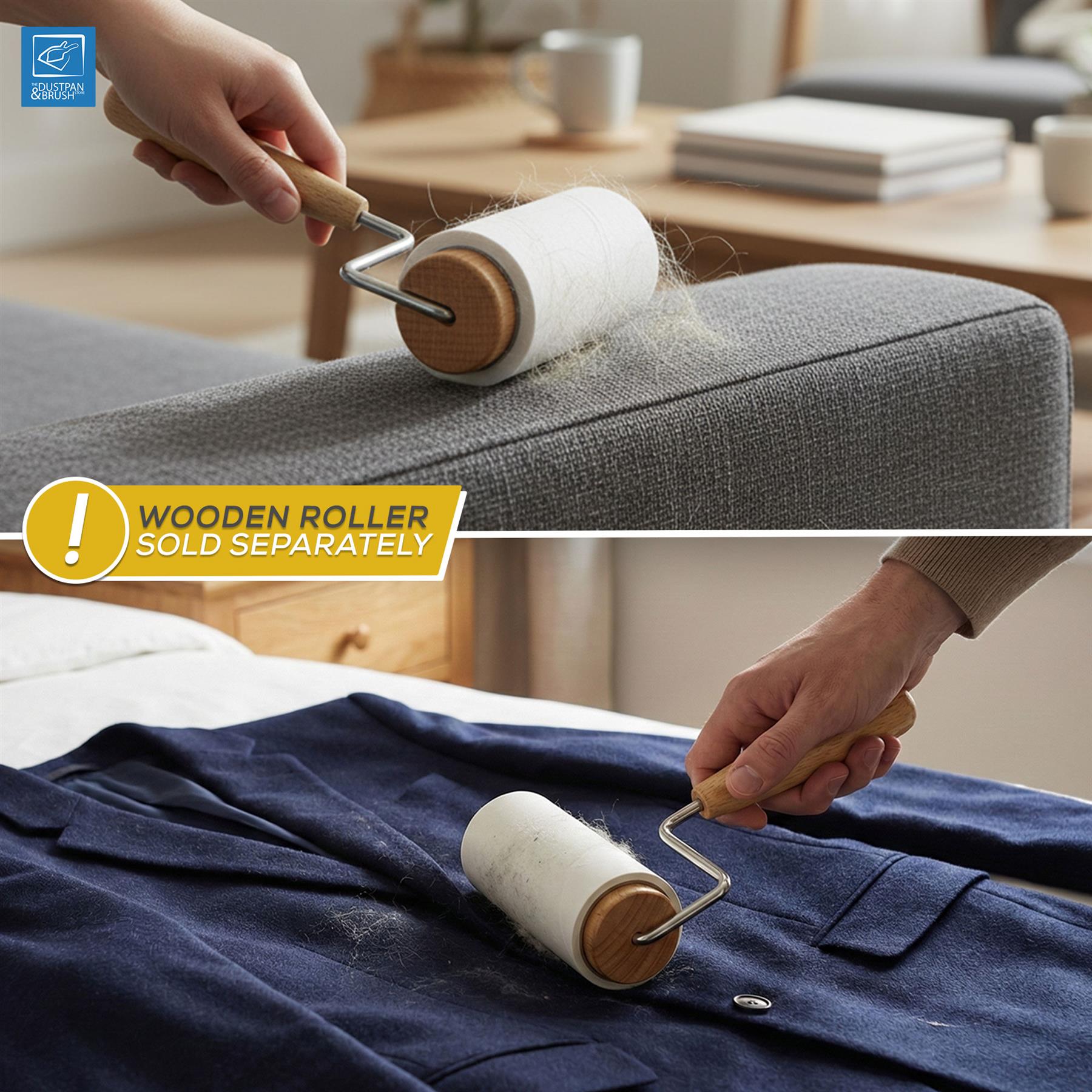 A two-panel lifestyle image showing a wooden lint roller being used to clean a gray upholstered armchair and a navy blue jacket. A hand holds the wooden-handled roller with a white lint cloth.