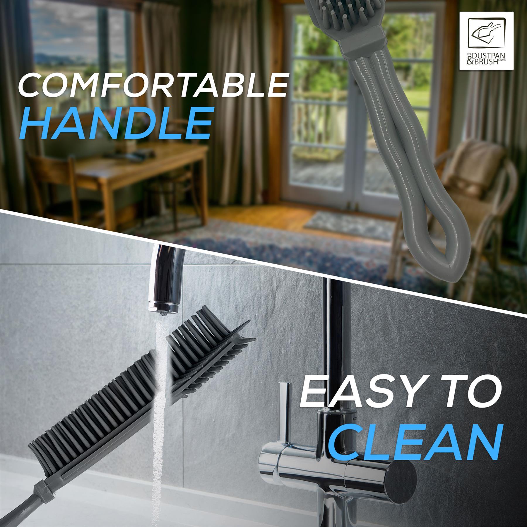 Cleaning brush with comfortable handle and easy-to-clean design, shown in a home setting.