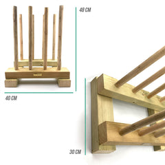 A wooden welly holder made of natural wood, shown from two angles with teal dimension lines indicating 48 cm height, 40 cm width, and 30 cm depth on a white background.