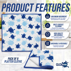 Fresh Fettle Max Absorb Microfibre Cloths features and a kitchen background 