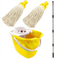 Yellow Mop Bucket with 2 Cotton Mop Heads and 4 Piece Handle