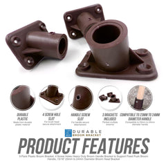 Three dark brown plastic heavy-duty broom handle brackets shown on a white background, with circular feature callouts and text describing durability, screw hole design, handle screw slot, included bracket pieces, and compatibility up to 24mm diameter handles.