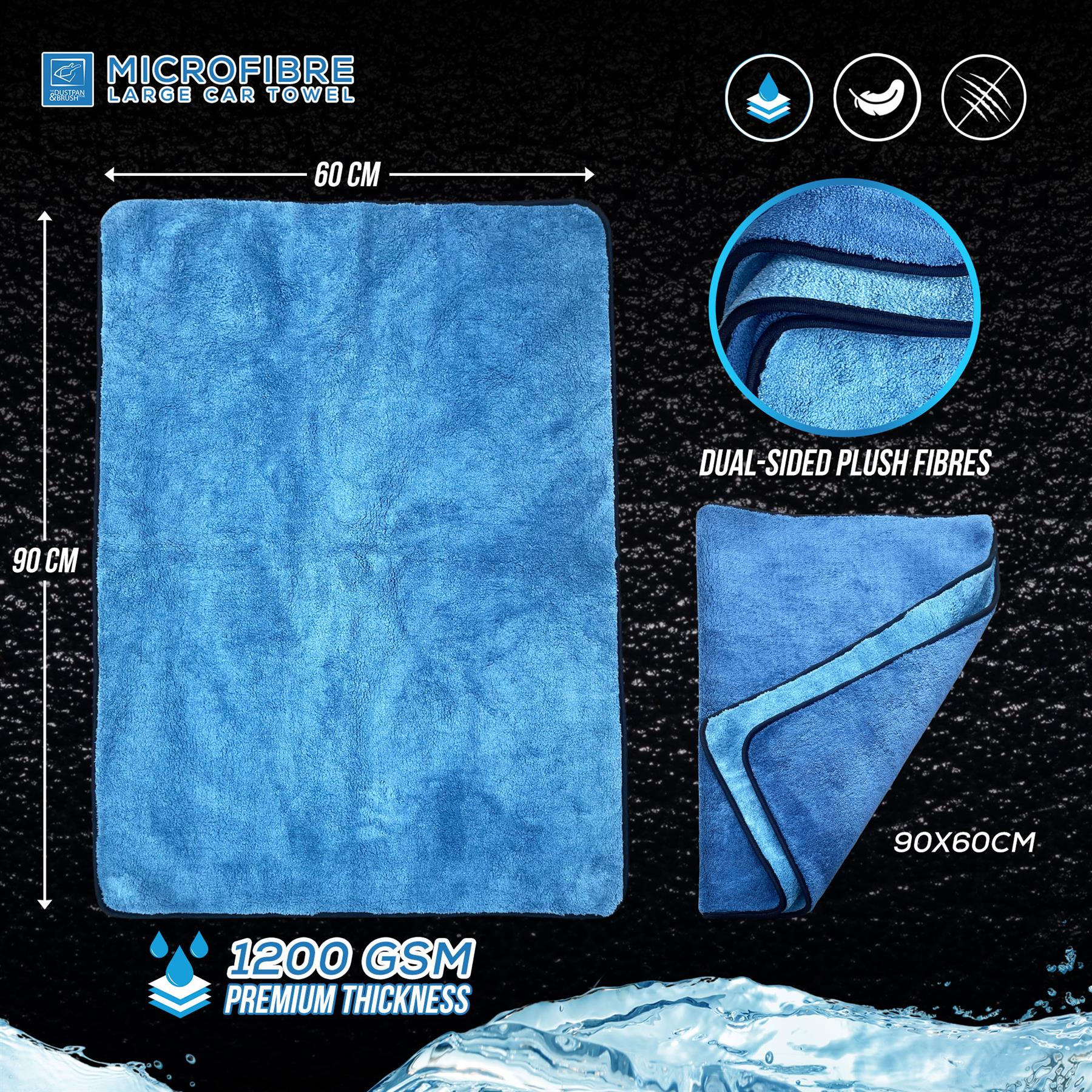 Blue microfibre large car towel shown on a black textured background with size measurements of 60 cm by 90 cm, a circular inset showing dual-sided plush fibres, and text noting 1200 GSM premium thickness.