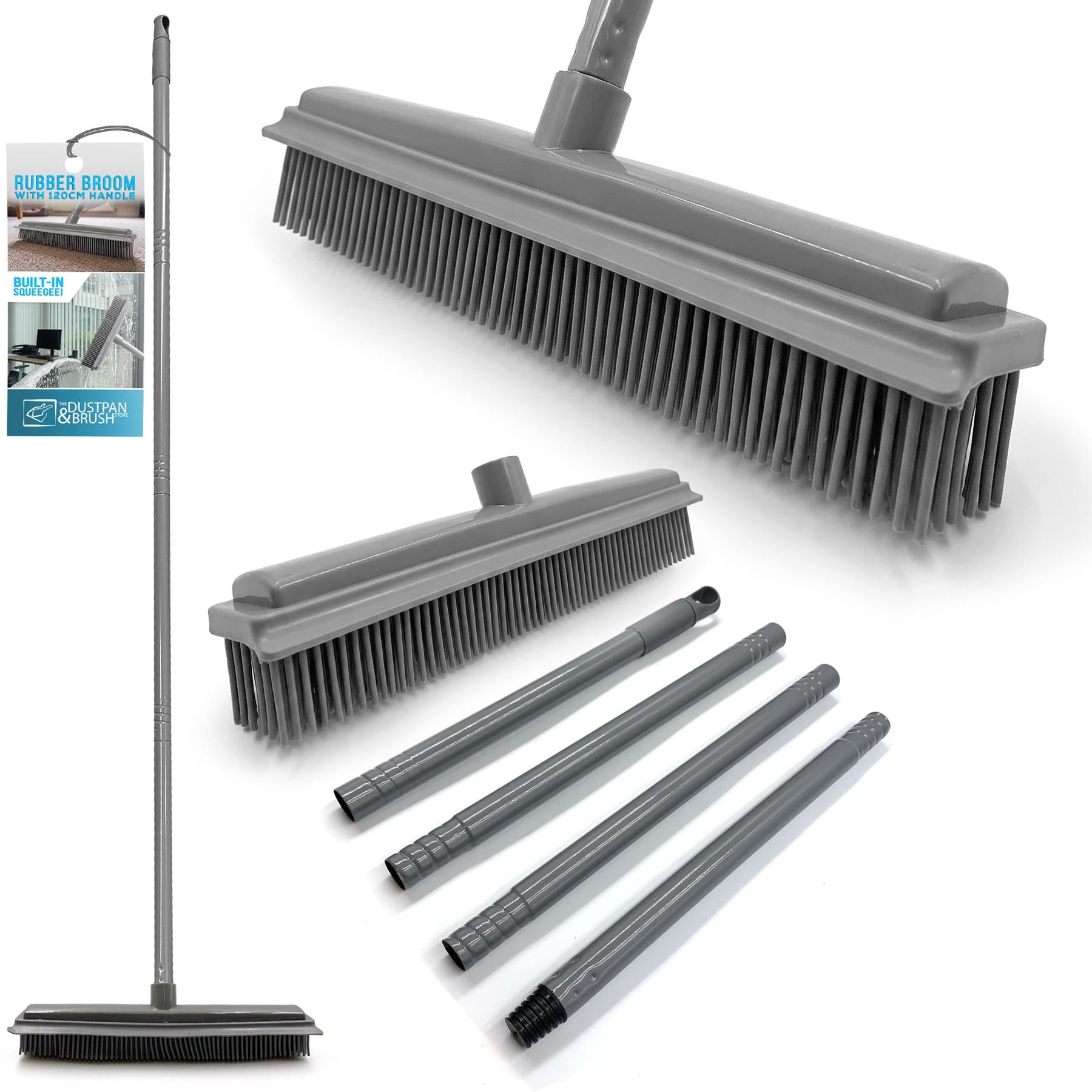 Grey rubber broom with an extendable metal handle and four interchangeable brush head attachments, shown on a white background with a small inset photo of the broom in use.