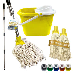 Yellow Mop Bucket Set with 2 Cotton Mop Heads & Handle on a white background