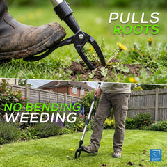 A split promotional image for a weeding tool. The top half shows a close-up of a boot using black long-handled weeding shears to pull a dandelion from grass, with the text 'PULLS ROOTS.