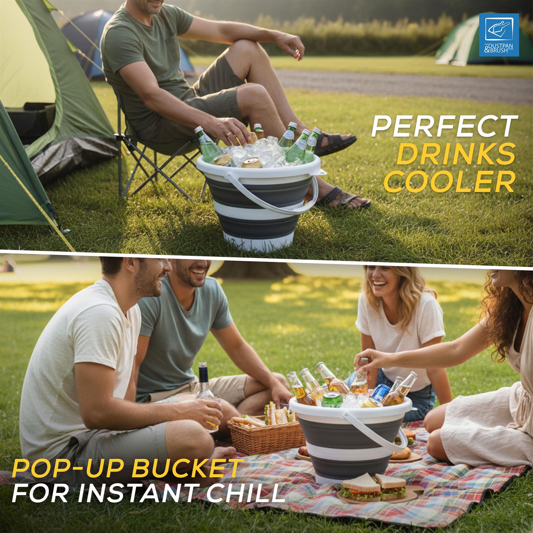 A pop-up bucket cooler shown in two outdoor camping scenes. The top panel shows a man sitting beside a green tent with the cooler filled with drinks and ice, with the text 'PERFECT DRINKS COOLER.