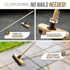 Step-by-step guide on using a deck scrubber with long handle, showing unpacking, attaching the handle, and using the scrubber.