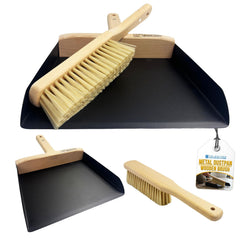 A 3-piece dustpan and brush set shown on a white background, including two black metal dustpan views, one wooden-handled brush, and a hanging tag that reads 'METAL DUSTPAN WOODEN BRUSH'.