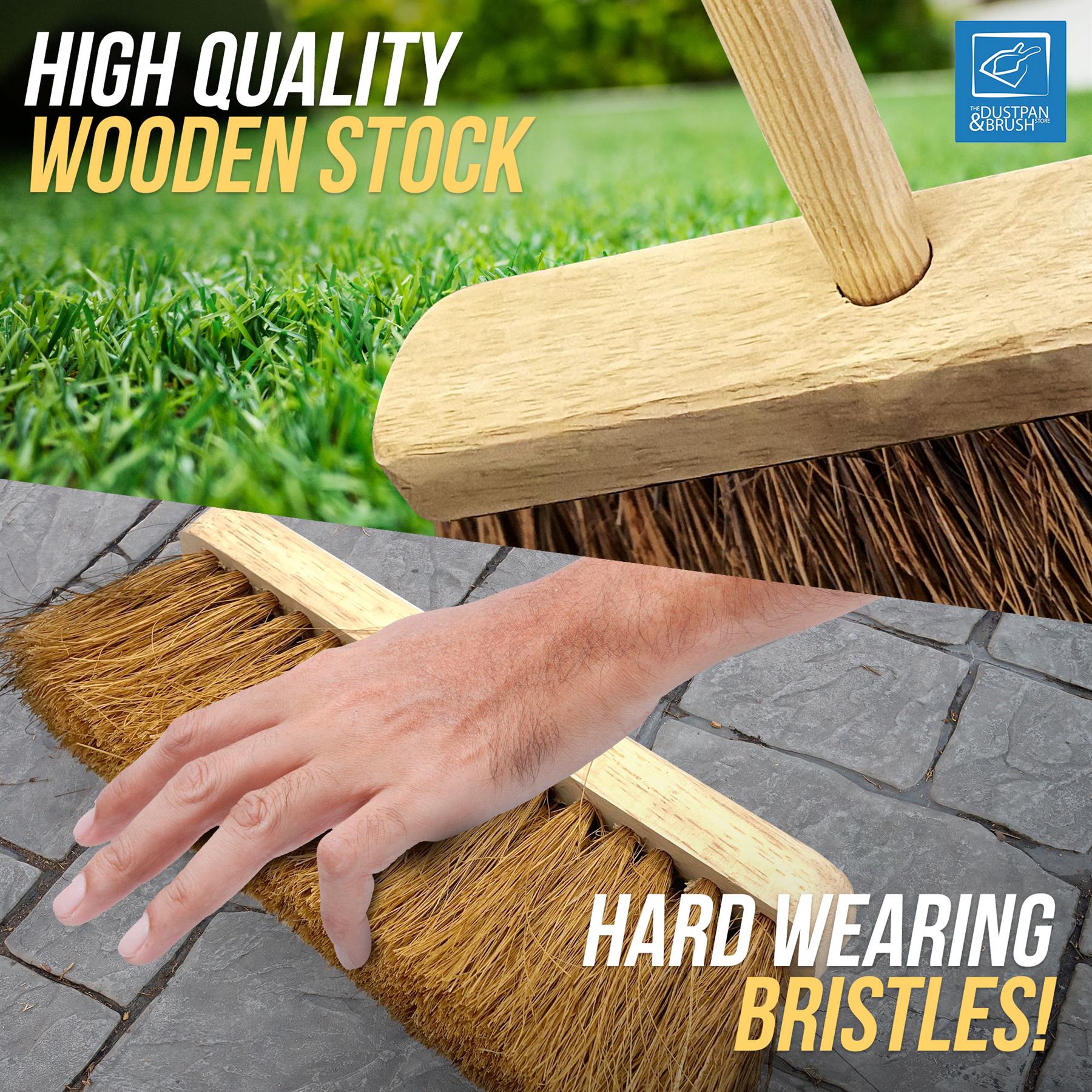 Wooden broom with hard wearing bristles being used on a stone surface with grass in the background.