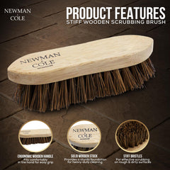Newman Cole stiff wooden scrubbing brush on a wooden surface with product features highlighted.