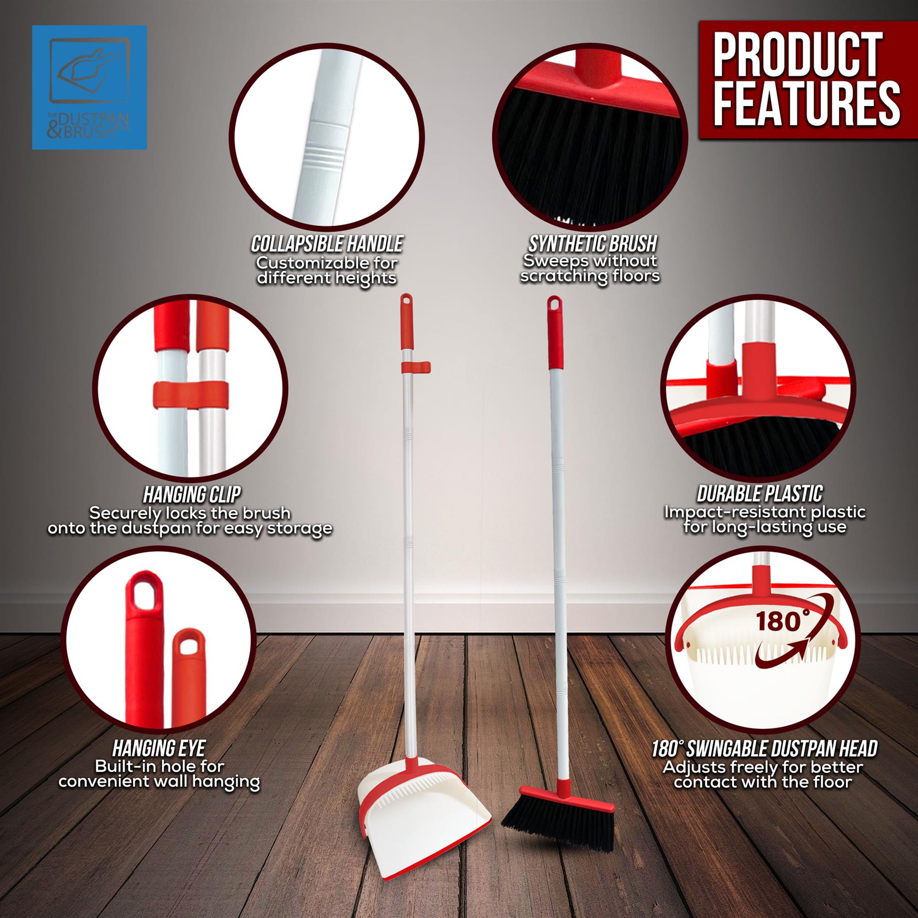 White & Red Long Handled Dustpan and Brush Set with features highlighted on a wooden floor.