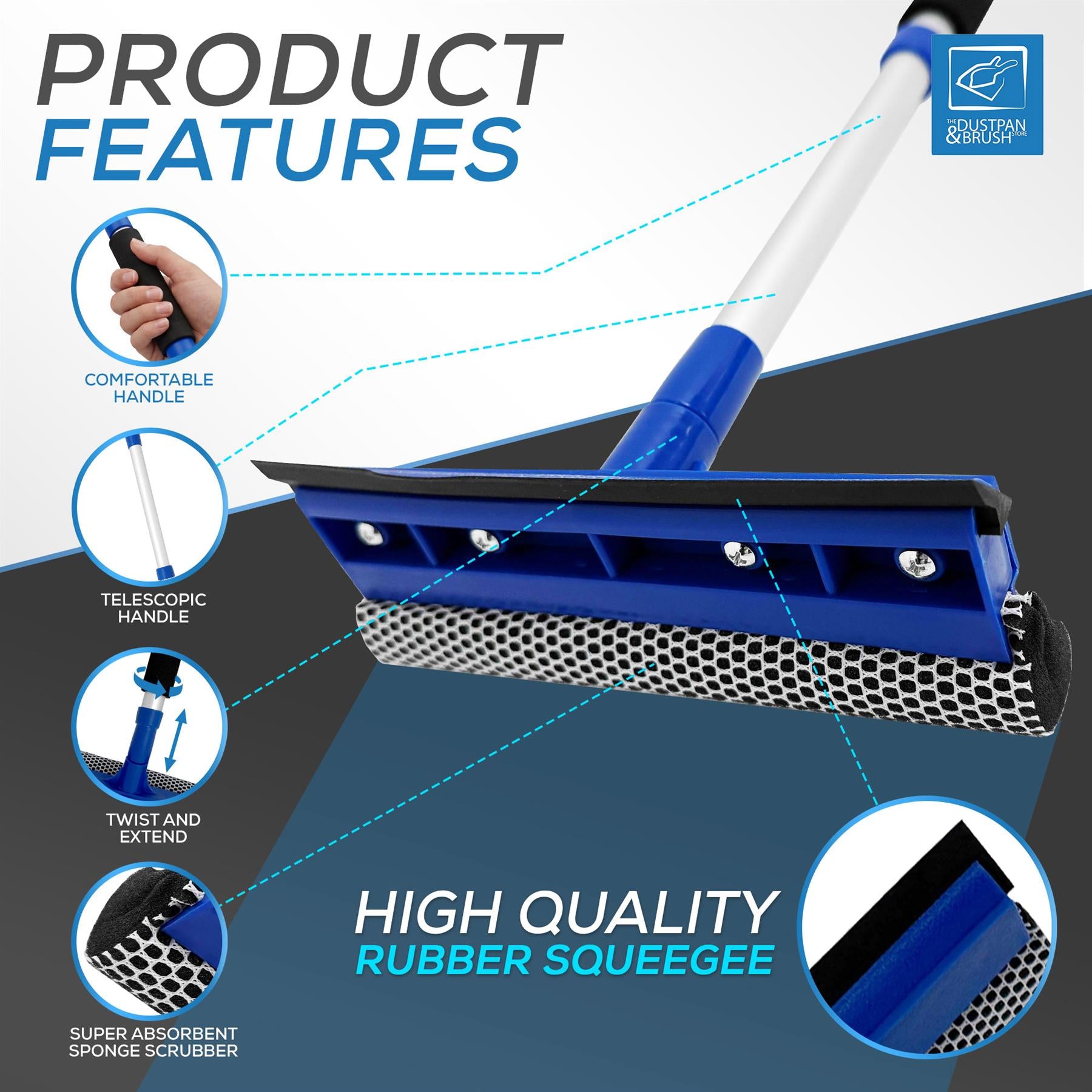 Squeegee with features highlighted on a blue and gray background