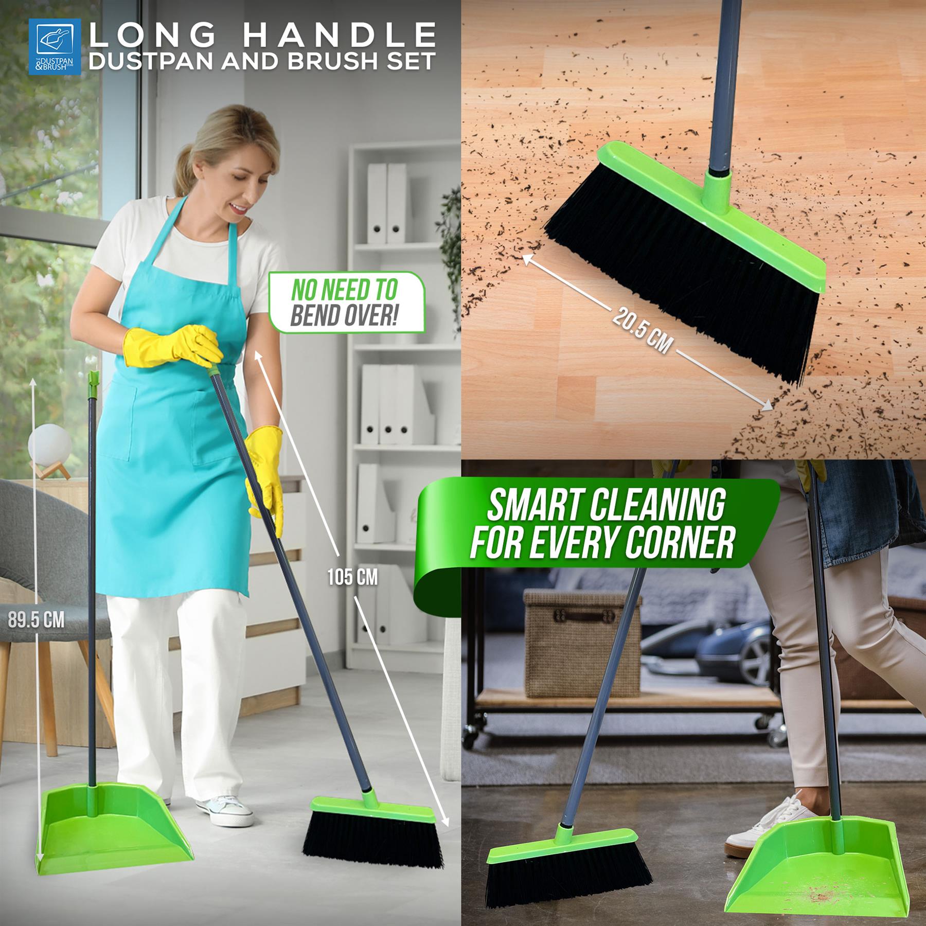 Long handle dustpan and brush cleaning set shown in a collage with a woman sweeping a room, close-up of the broom head, dimensions labeled, and promotional text. The product includes a bright green dustpan and brush head with dark grey handles and black bristles.