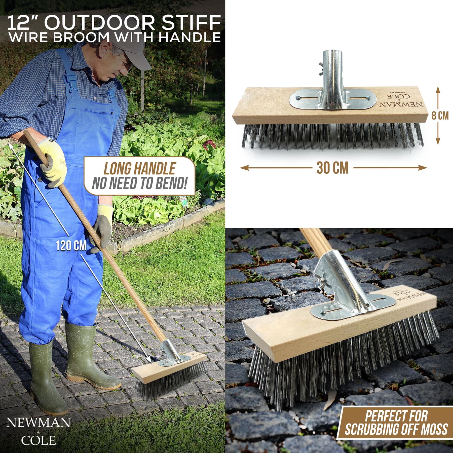 Composite product listing for a 12-inch outdoor stiff wire broom with handle. Left panel shows a man in blue overalls using the broom outdoors on a paved walkway, with text noting the long handle and 120 cm length.