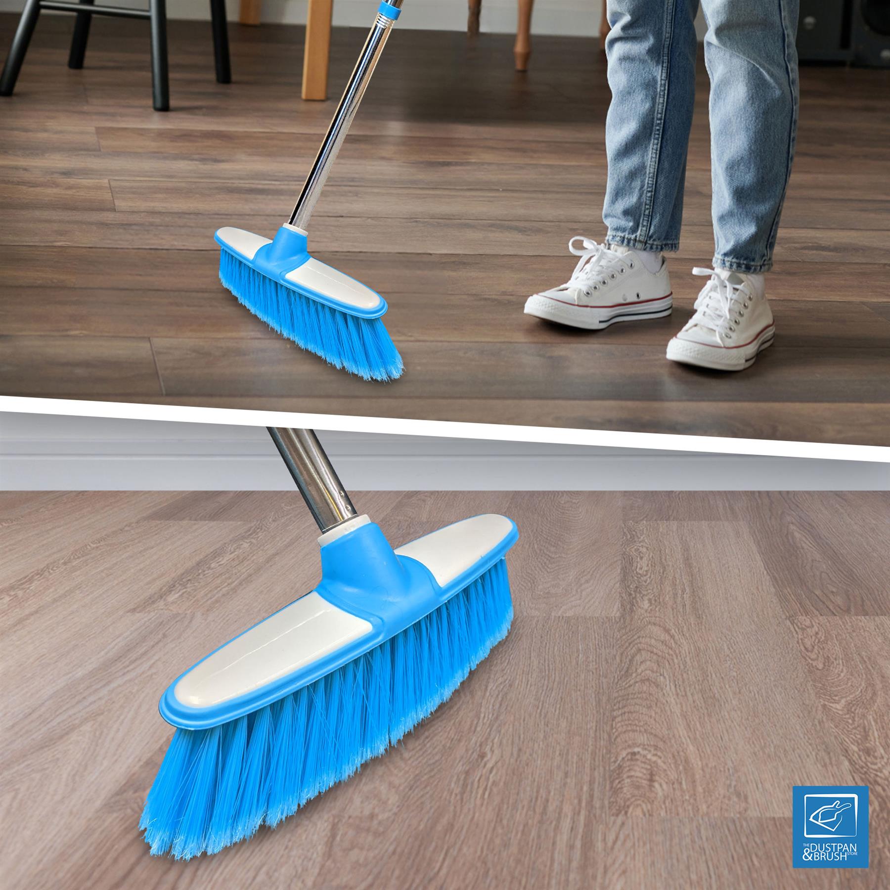 Blue & White Indoor Broom with 4 Piece Stainless Steel Handle - The Dustpan and Brush Store