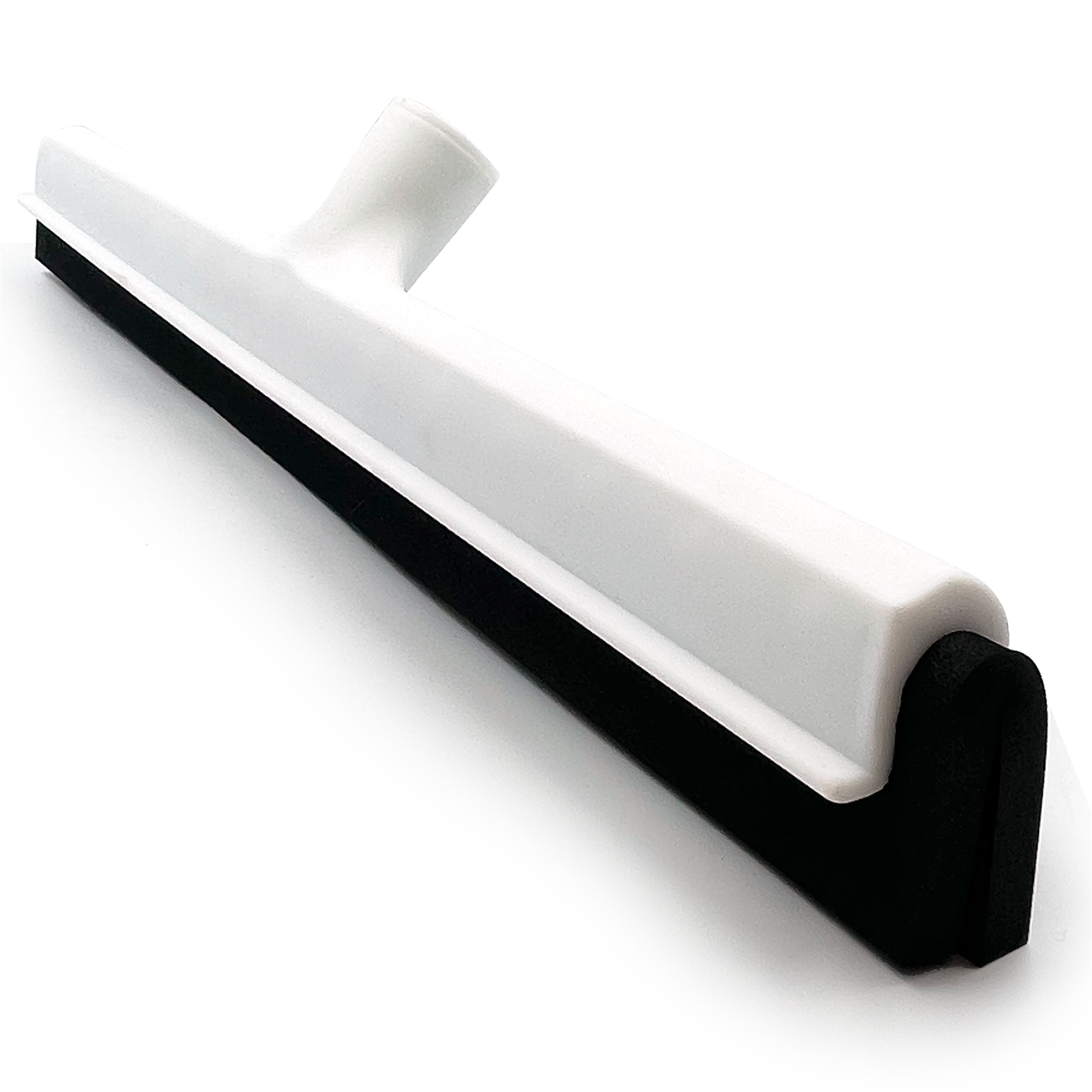 A plastic squeegee with a white handle and a black rubber blade, shown on a clean white background.