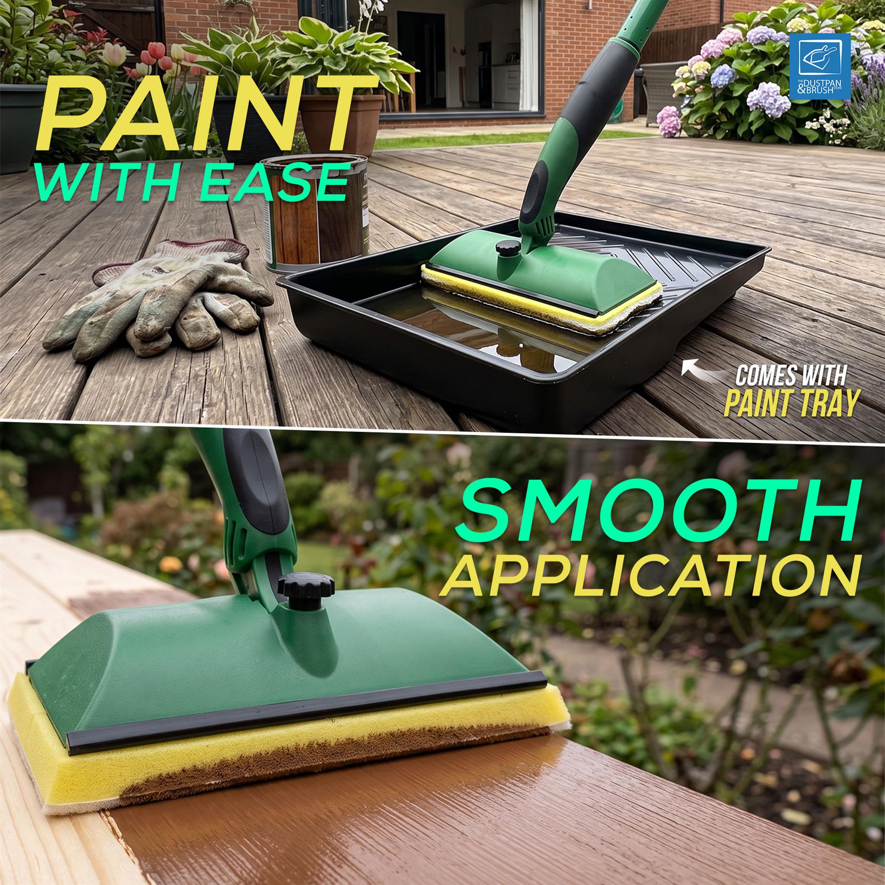 A green and yellow paint brush with a black handle is shown in a split-screen outdoor setting. The top panel shows the brush applying paint to a wooden deck tray, with the text 'PAINT WITH EASE' and a gloved hand nearby.