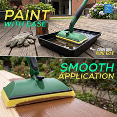 A green and yellow paint brush with a black handle is shown in a split-screen outdoor setting. The top panel shows the brush applying paint to a wooden deck tray, with the text 'PAINT WITH EASE' and a gloved hand nearby.