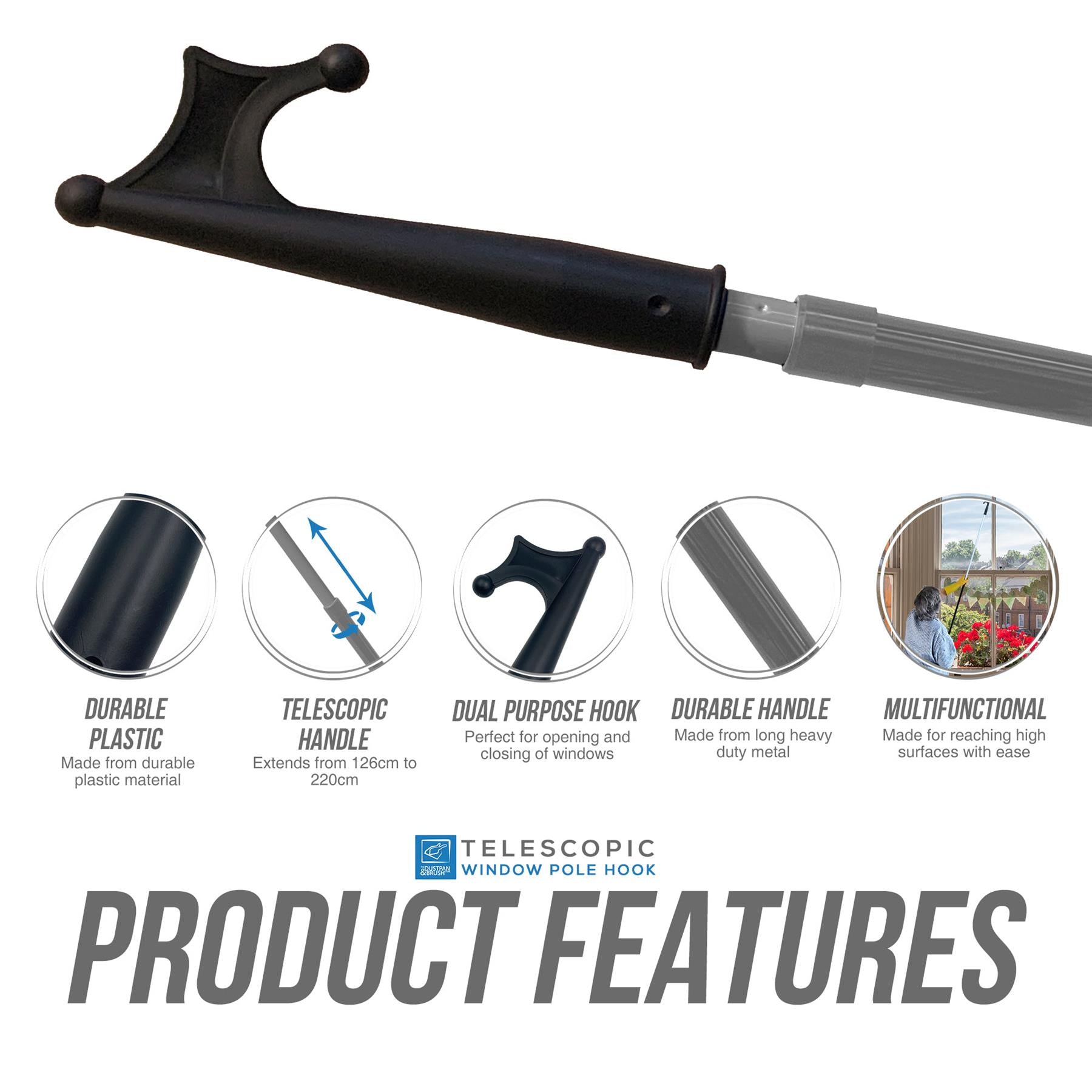 Telescopic Boat Hook 126–220cm | Grey Handle
