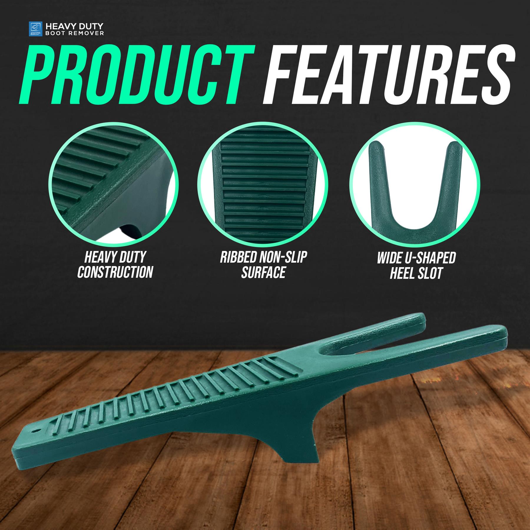 Heavy-duty boot remover with features highlighted on a dark background