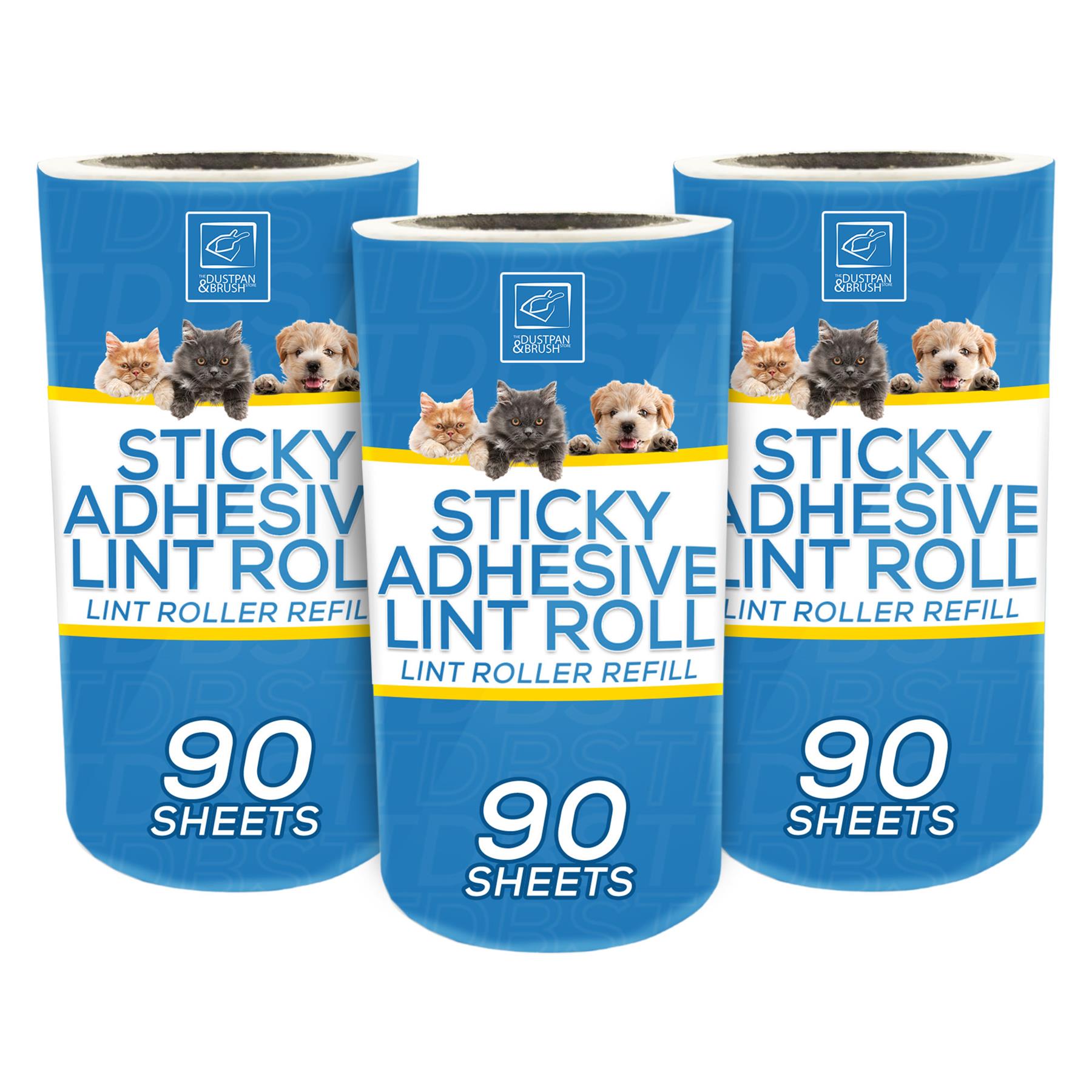 Three rolls of pet lint roller refill with blue and white packaging, featuring pictures of cats, dogs, and a golden retriever, labeled 'STICKY ADHESIVE LINT ROLL' and '90 SHEETS'.