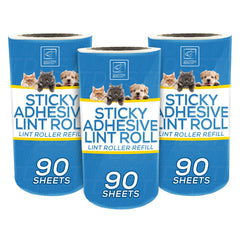 Three rolls of pet lint roller refill with blue and white packaging, featuring pictures of cats, dogs, and a golden retriever, labeled 'STICKY ADHESIVE LINT ROLL' and '90 SHEETS'.