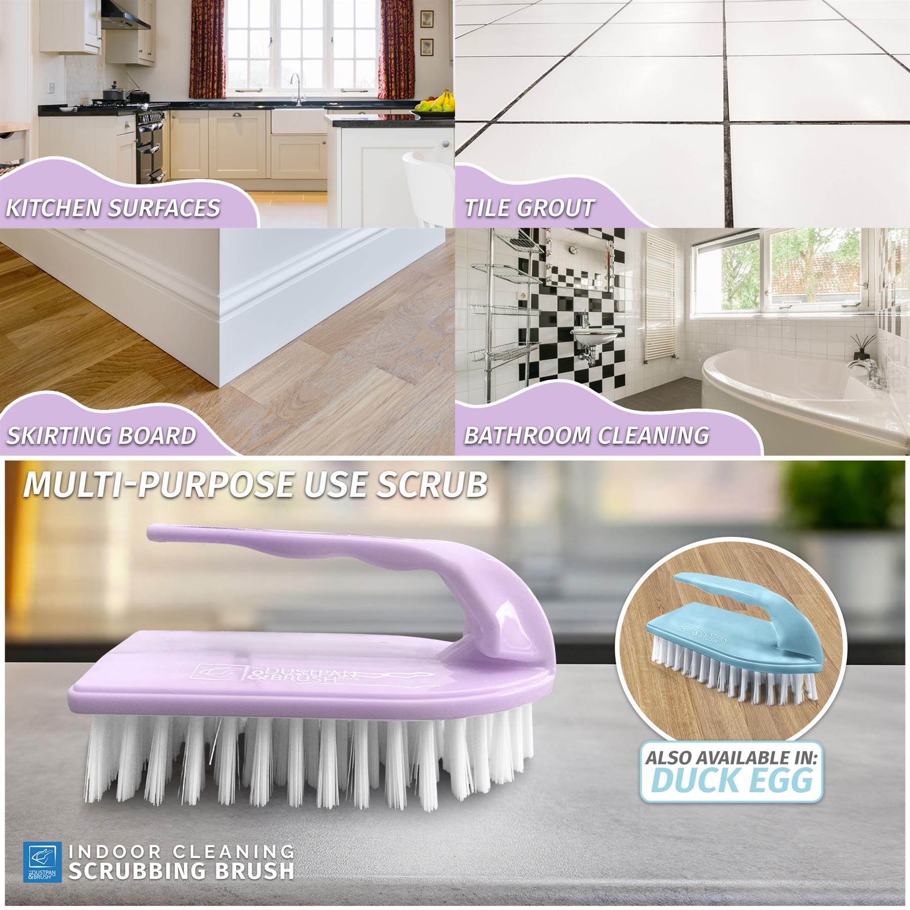 Multifunctional Lilac scrub brush with cleaning applications on kitchen, bathroom, and tile grout.