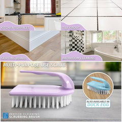 Multifunctional Lilac scrub brush with cleaning applications on kitchen, bathroom, and tile grout.