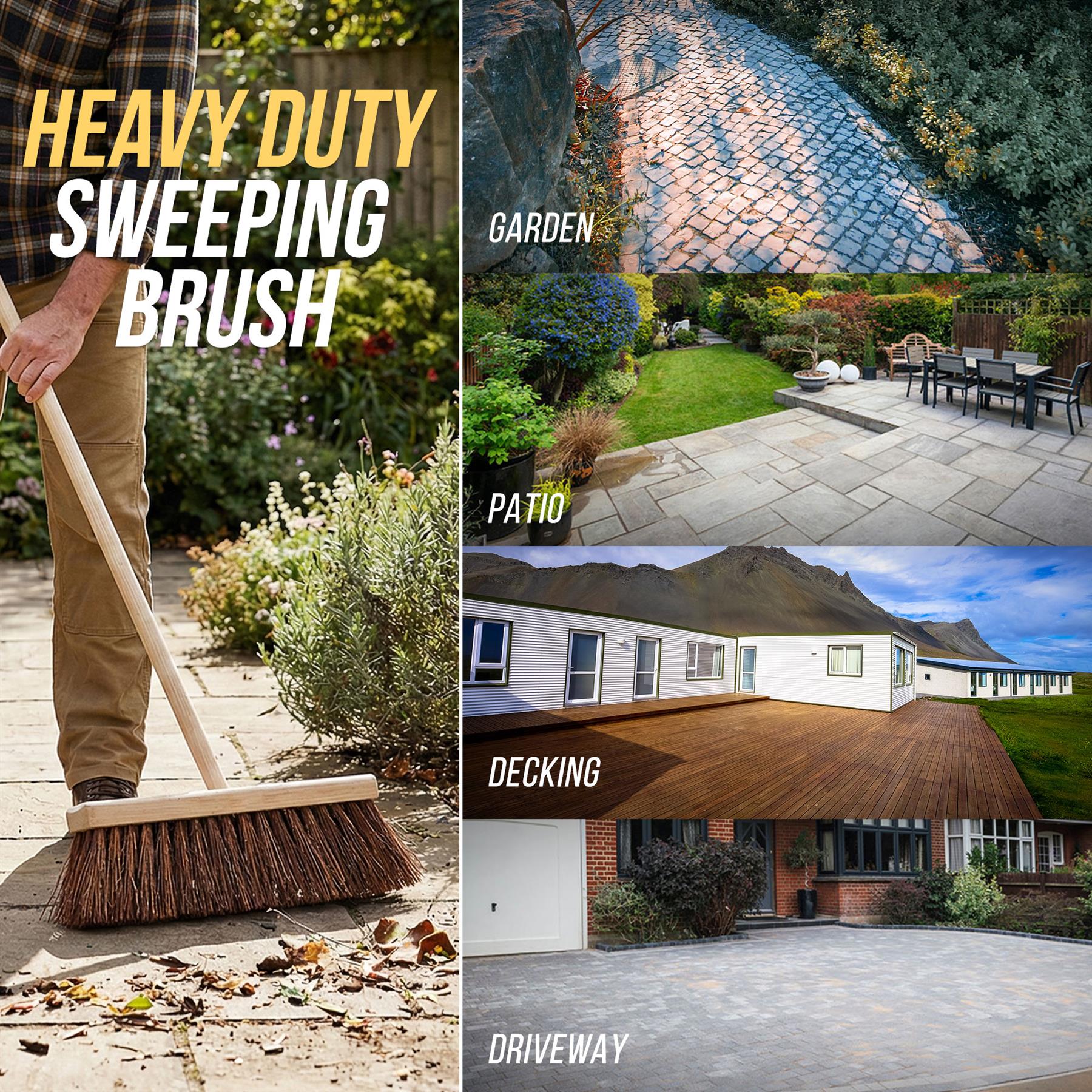 10" Stiff Bassine Broom product uses - gardens, patios, decking and driveways 