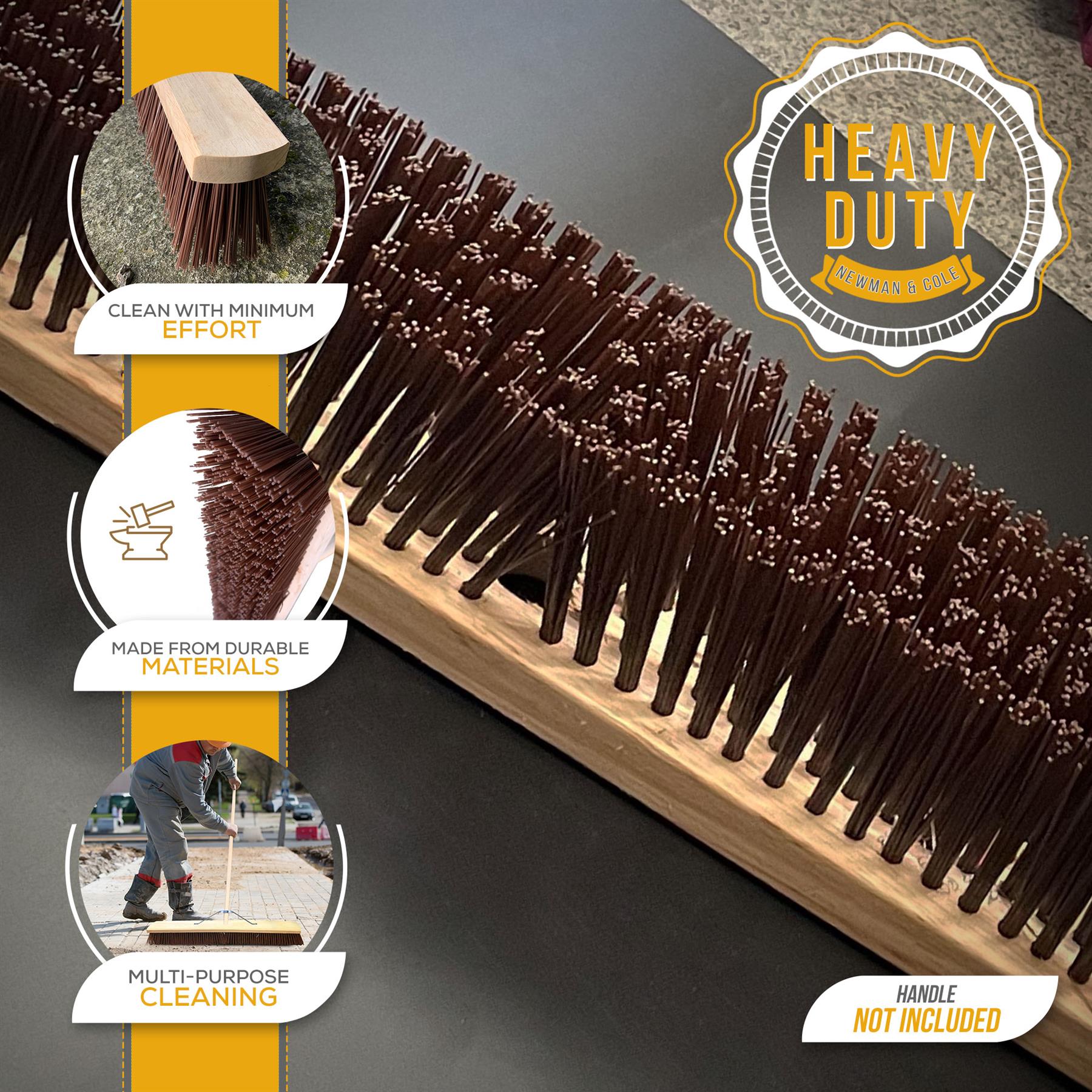 Heavy-duty brush with wooden handle on a dark background, featuring text about its features.