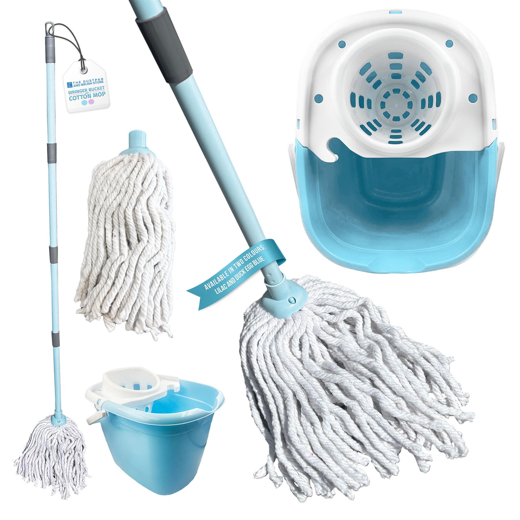 A cotton floor mop set with a duck egg blue and white bucket, a long handle, a separate mop head, and a small bucket attachment, shown on a plain white background.