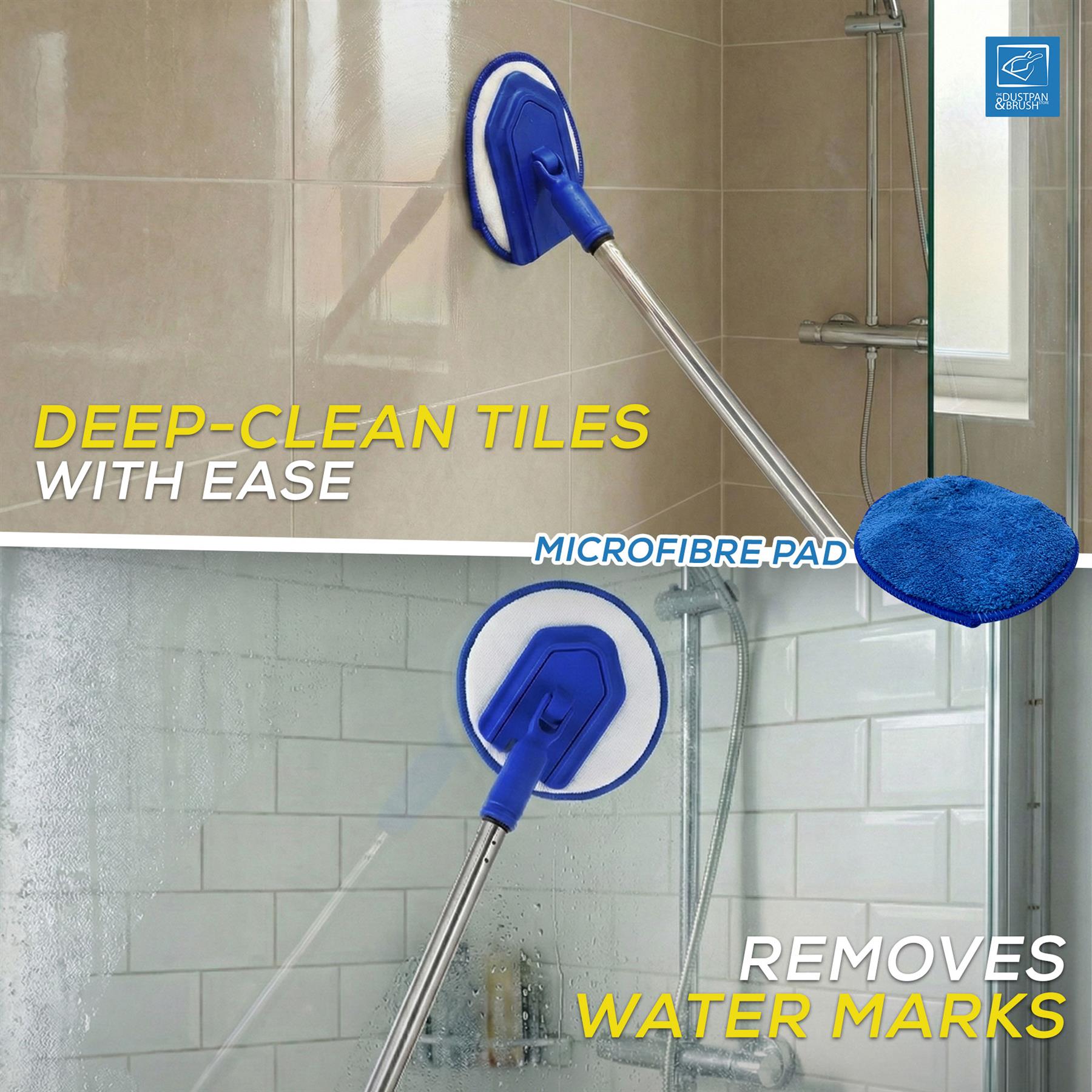 Cleaning tool with a microfiber pad used to clean tiles in a bathroom.