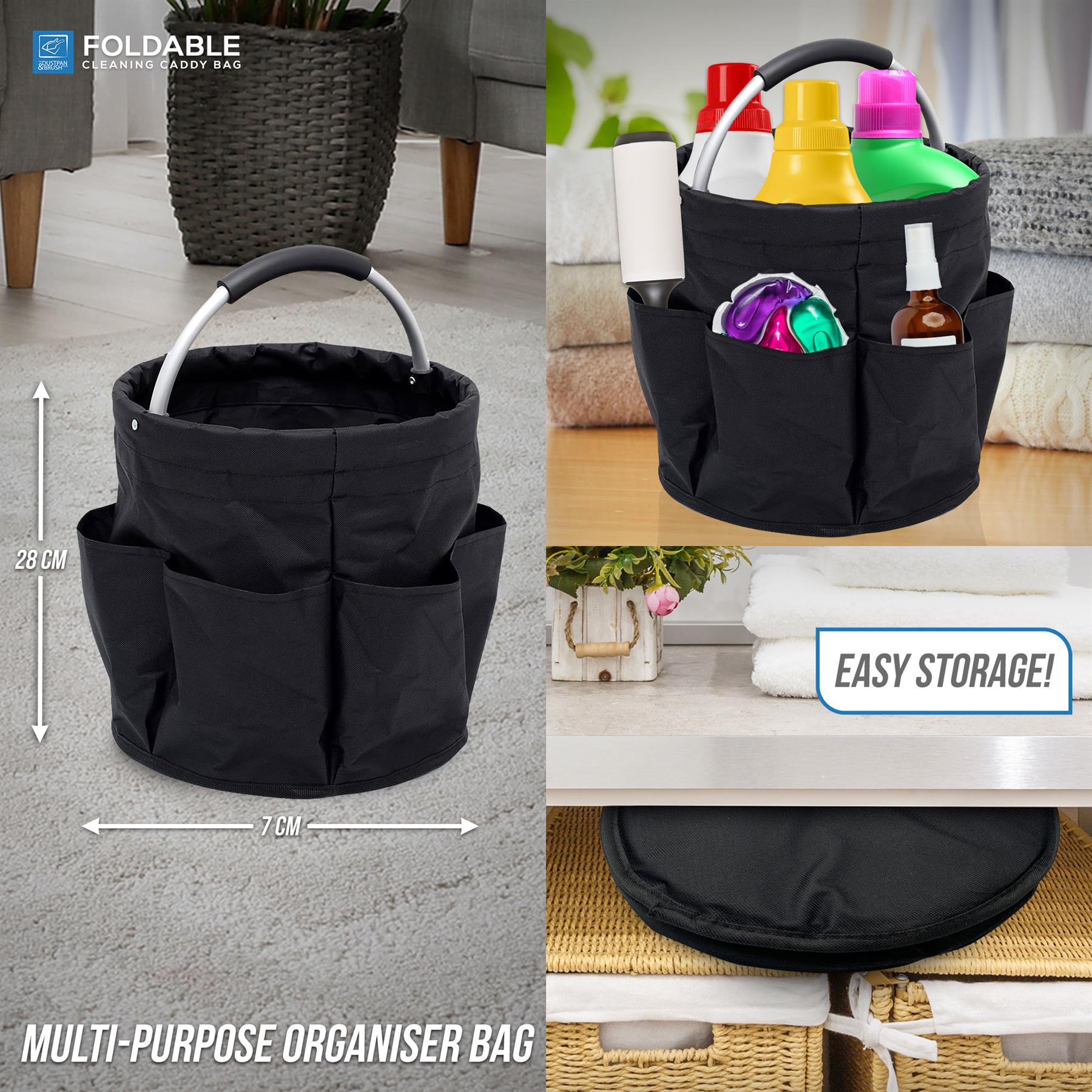 Black fabric multi-purpose organizer bag with a curved silver handle, shown in both empty and filled states. The collage includes dimension markings (28 cm height, 7 cm width) and lifestyle storage scenes with labeled text 'EASY STORAGE!'.