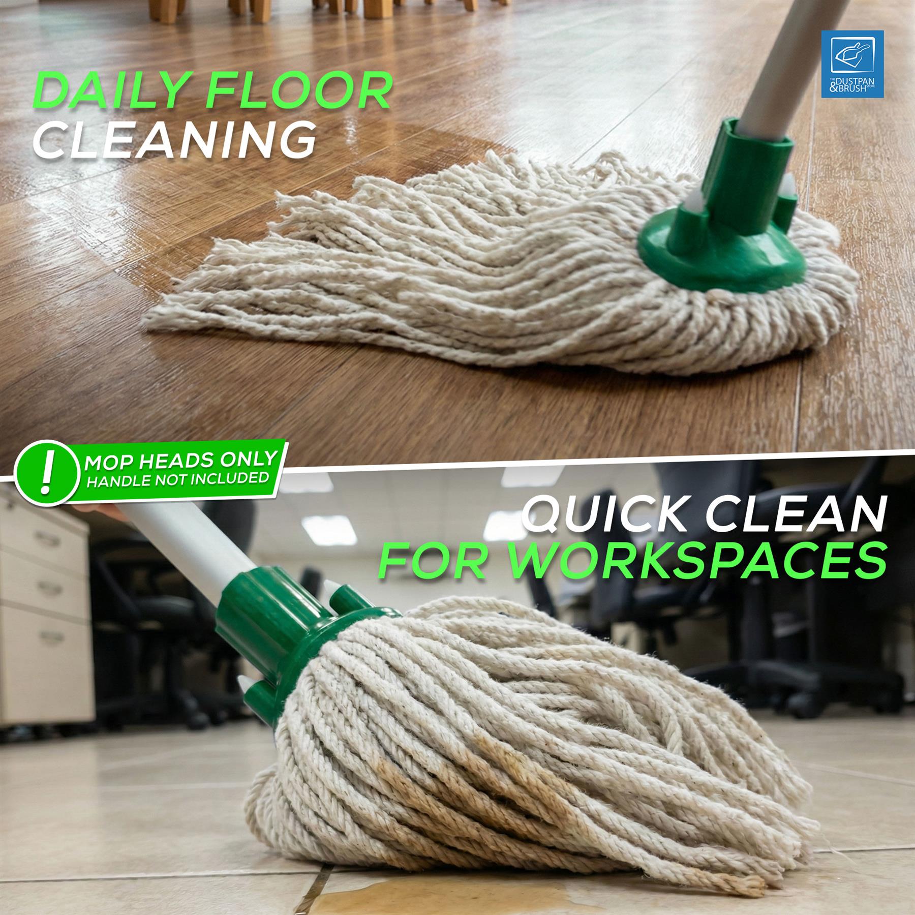 A two-panel promotional image for a cordless floor mop. The top panel shows the mop head on a hardwood floor with the text 'DAILY FLOOR CLEANING' 