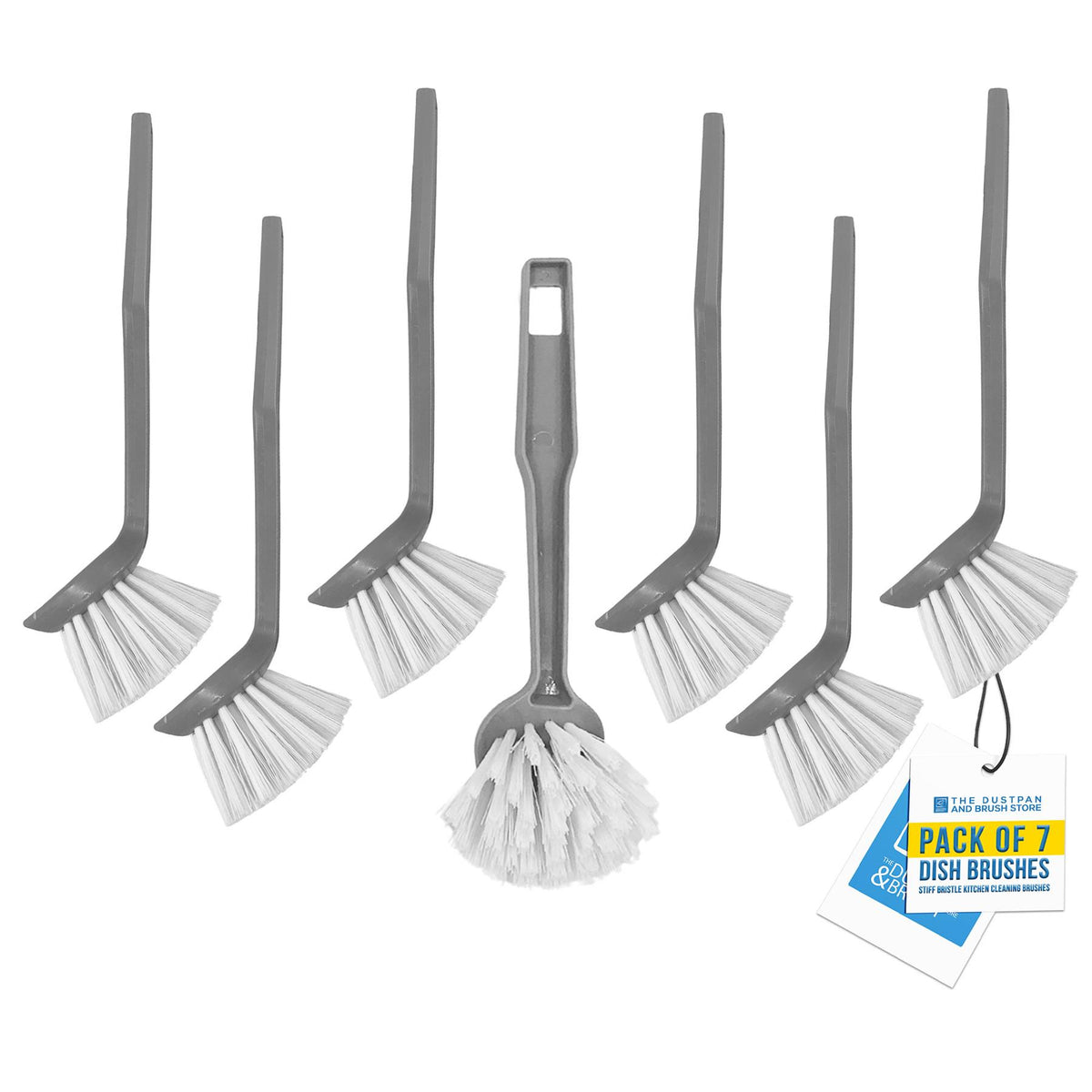 A 7-piece dish brush set with gray handles and white bristles, including one larger cleaning brush and six smaller utility brushes, shown on a white background with a product tag.