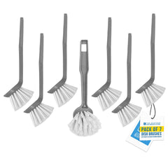 A 7-piece dish brush set with gray handles and white bristles, including one larger cleaning brush and six smaller utility brushes, shown on a white background with a product tag.