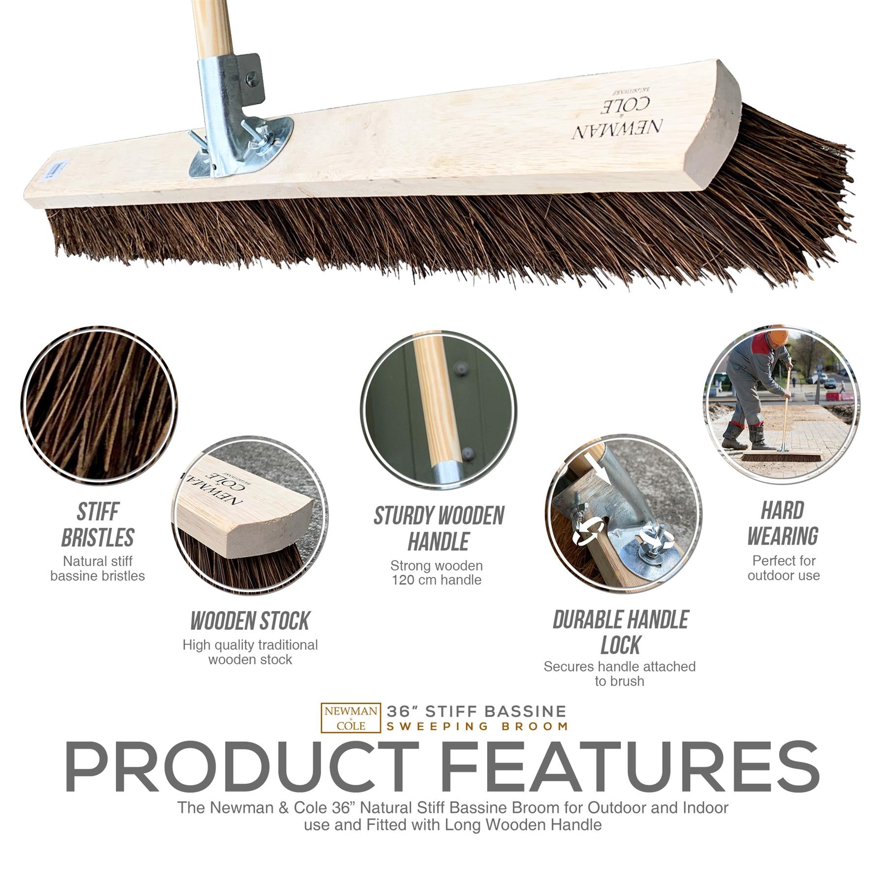 36" Stiff Bassine Broom with Bracket and Handle | Newman & Cole - The Dustpan and Brush Store