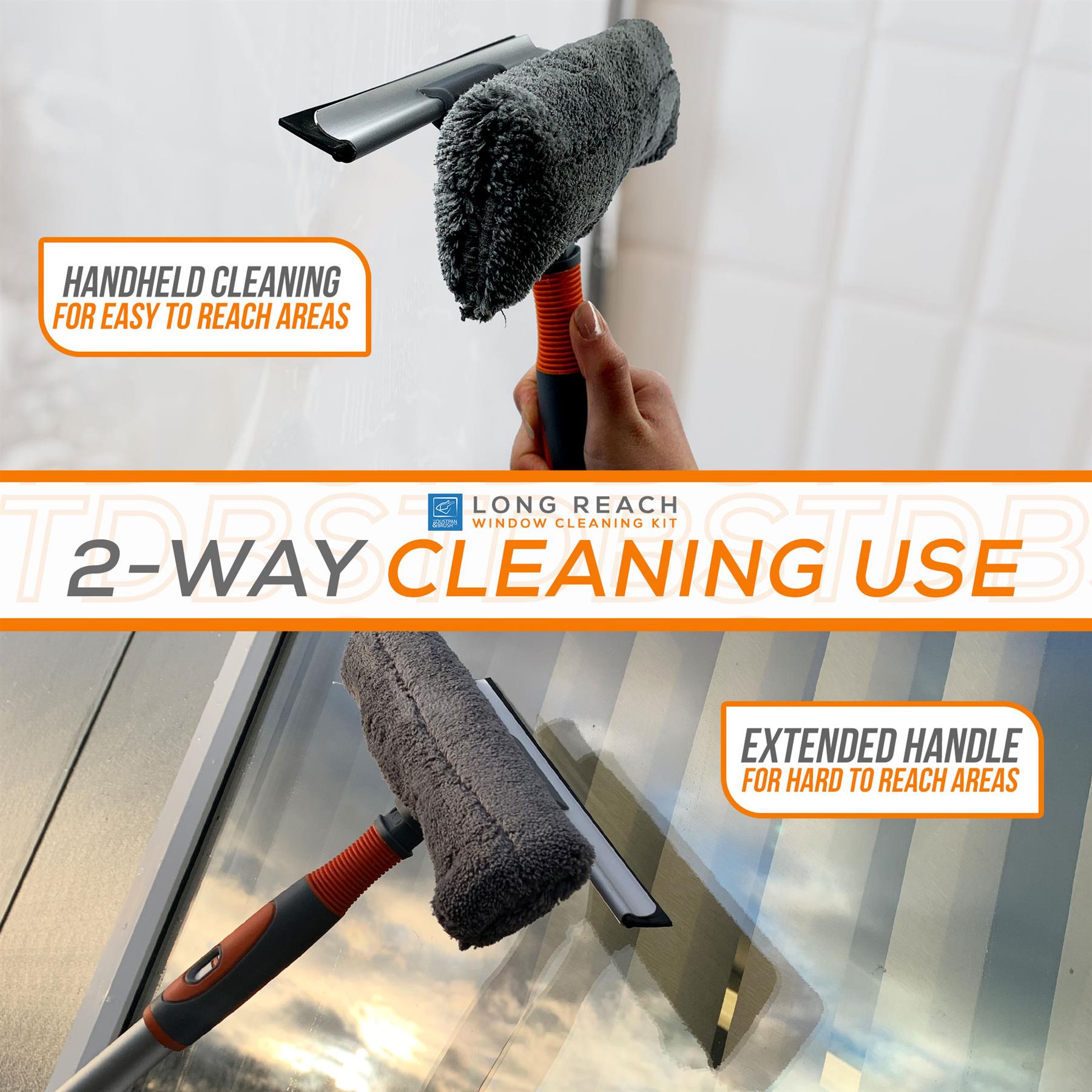 Window cleaning tool with extended handle and squeegee for cleaning windows.