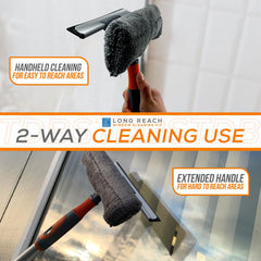 Window cleaning tool with extended handle and squeegee for cleaning windows.