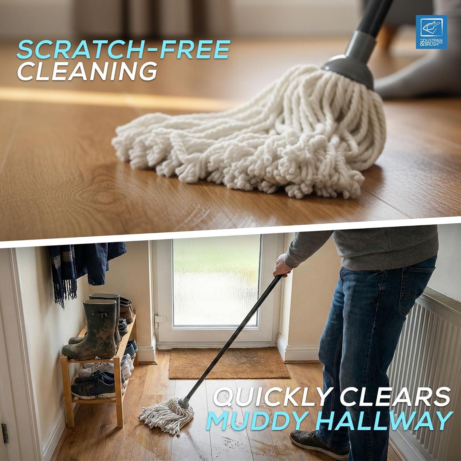 Traditional Cotton Floor Mop cleaning a wooden floor with text 'Scratch-Free Cleaning' and 'Quickly Clears Muddy Hallway'.