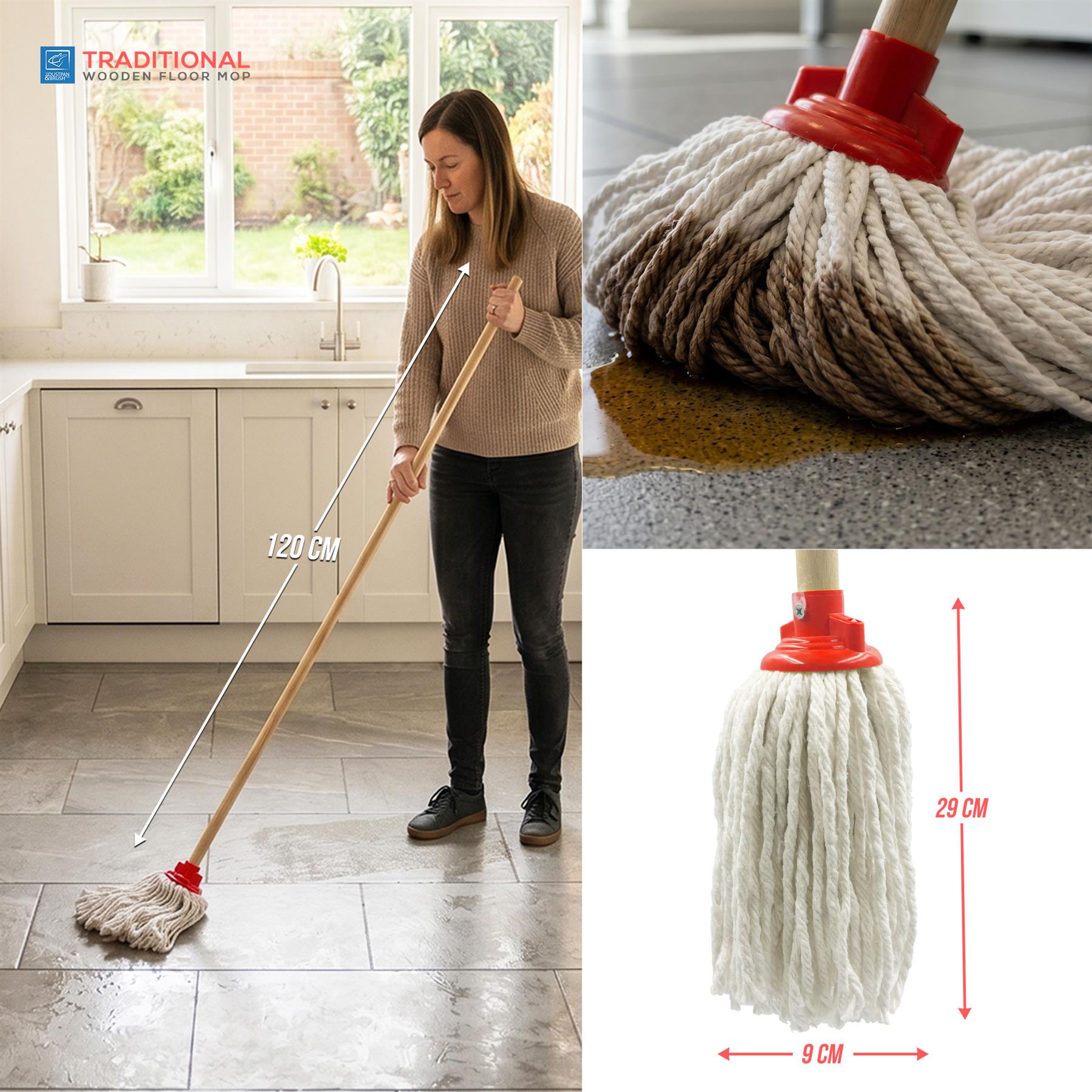 Red Mop Head with Wooden Handle
