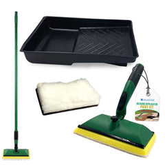 A deck cleaning and painting kit on a white background, including a green-handled paint brush with a yellow sponge base, a black paint tray, a white applicator pad, and a green-and-black applicator wand with a product tag.
