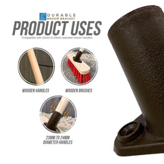A dark metal durable broom bracket shown on a white background with product-use callouts and text indicating compatibility with wooden handles and wooden brushes.