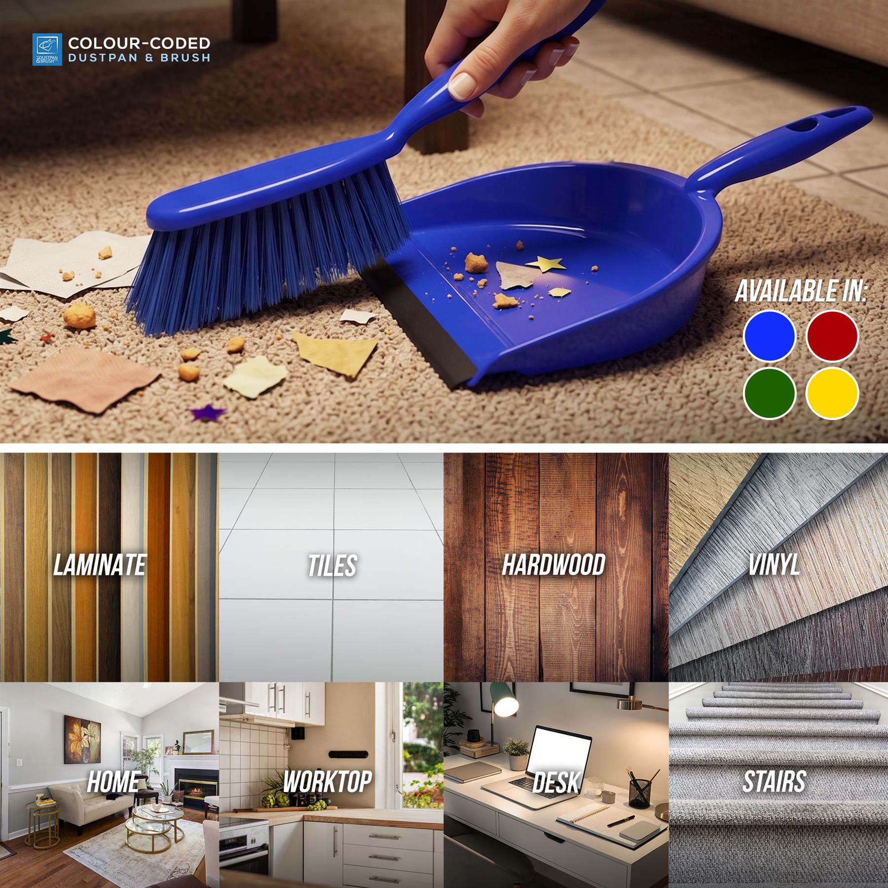 Blue dustpan and brush set with cleaning debris on a carpet, color options, and flooring types.