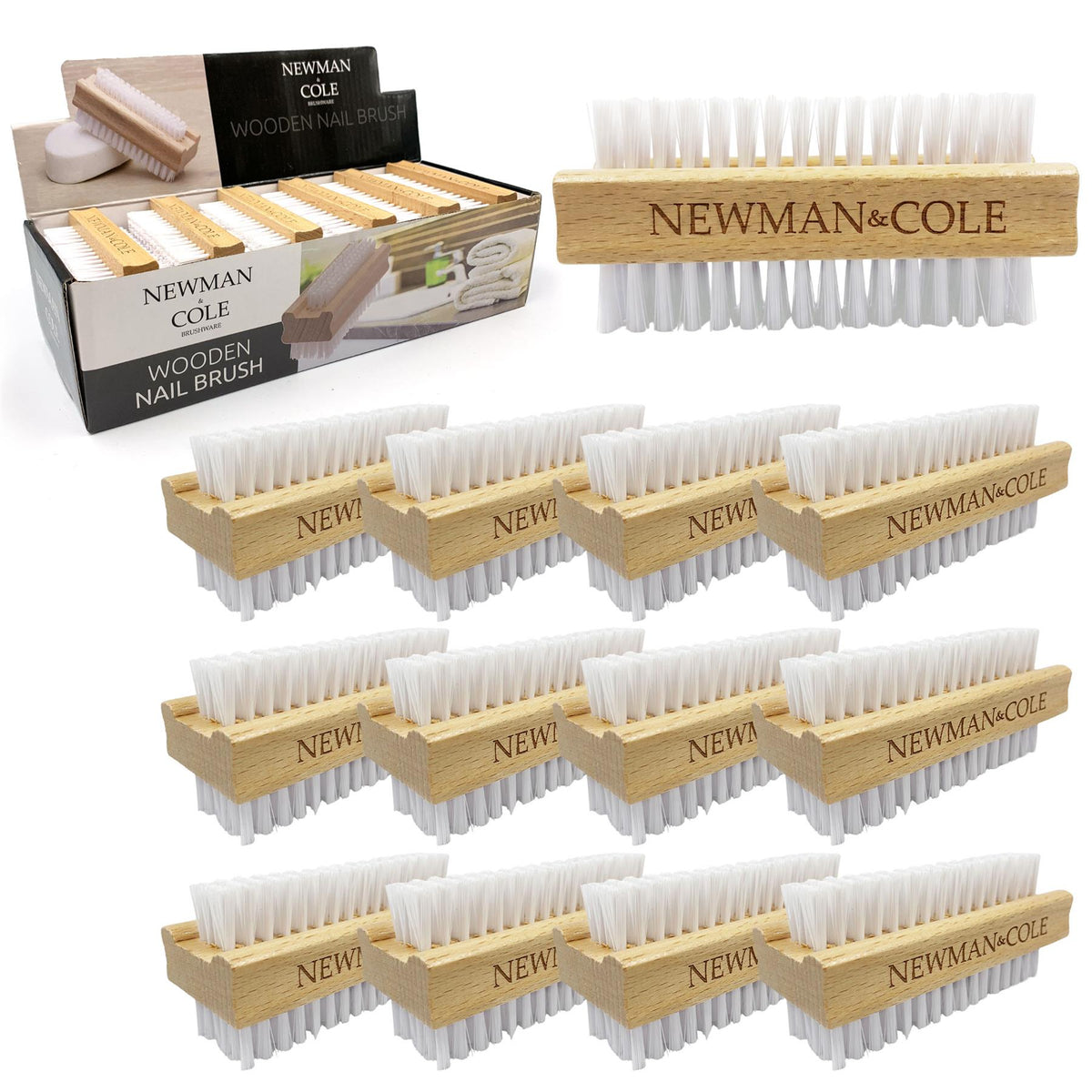 A set of wooden nail brushes arranged on a white background, with one larger brush shown at the top right and multiple smaller identical brushes below. The packaging box for Newman Cole wooden nail brushes is visible at the top left.