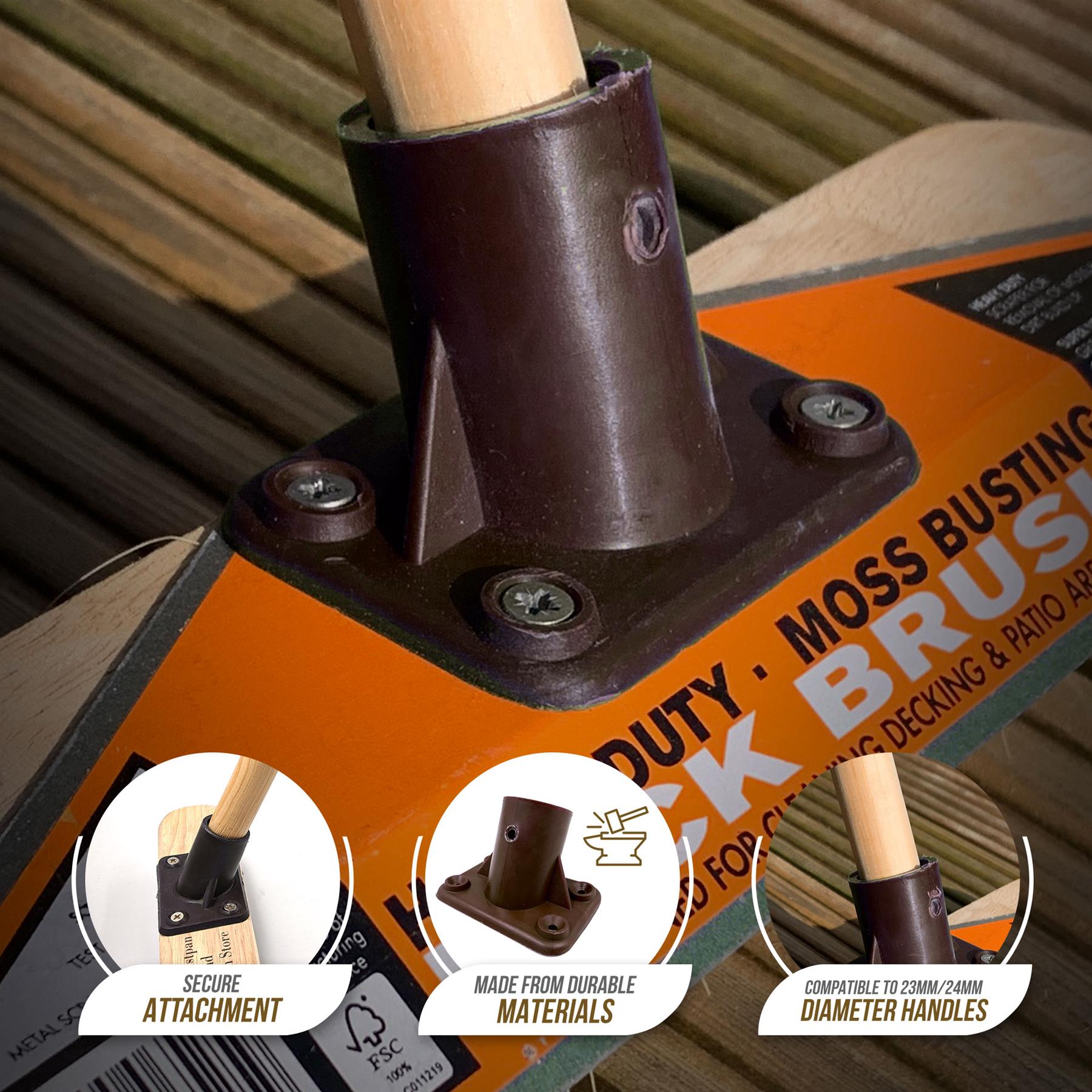Close-up of a black and orange deck brush attachment with a wooden handle, showing the mounting base and three circular inset detail images on a wooden deck background.