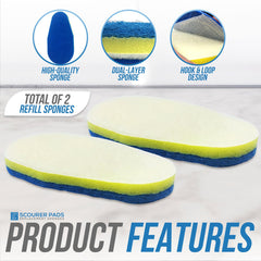 Two oval-shaped refill cleaning sponges with a white top layer, yellow middle layer, and blue bottom layer, shown on a light background with feature callouts and the Scourer Pads logo.